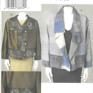 May include: A sewing pattern for two women's jackets. One jacket is olive green with a patchwork design and buttons. The other is gray with blue and white accents. The pattern is labeled V7907.