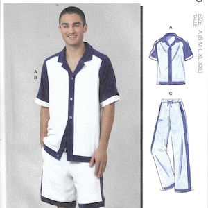 May include: McCall's sewing pattern featuring a white and navy blue short-sleeved shirt and shorts set. The pattern includes multiple view options and simple instructions. The size range is S-XXL.