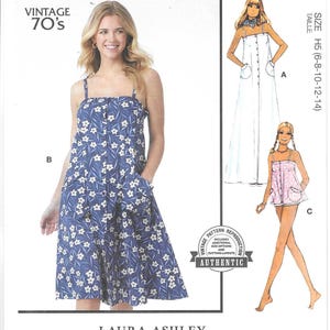 May include: McCall's sewing pattern featuring a vintage 70's design. The pattern includes options for a long white dress, a pink top, and a blue floral print dress with pockets. Size H5 (6-8-10-12-14). Authentic reproduction.