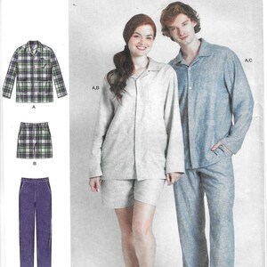 May include: Simplicity sewing pattern S3204 for pajamas in sizes XS-XXL. The pattern includes a long-sleeve button-up shirt with a chest pocket, elastic-waist shorts, and long pants. Illustrations show a plaid fabric option and solid fabric options.