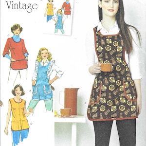 May include: A vintage sewing pattern for four different apron styles. The pattern is from Simplicity and is for sizes XS-L. The pattern includes a brown and yellow floral apron, a blue and white gingham apron, a red apron with a pocket, and a yellow apron with a button-up front.