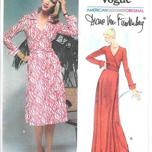 May include: A vintage sewing pattern from Very Easy Vogue featuring two Diane Von Furstenberg designs. One dress is a wrap style with a red and white pattern, and the other is a long, solid red wrap dress. The pattern includes sizes H5 (6-8-10-12-14).