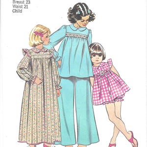 May include: Simplicity pattern 5999 featuring three children's sleepwear designs. The pattern includes a long floral nightgown, a light blue pajama set, and a pink gingham dress. The text on the pattern reads "Size 4, Breast 23, Waist 21, Child."