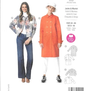May include: A Burda Style pattern featuring a jacket and coat design. The cover shows a woman wearing a patterned jacket and jeans, and another in an orange coat and white pants. The pattern includes sizes US 8-18.