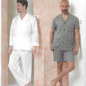 May include: Vogue Patterns V2121. The image shows two pajama sets. One is a white long-sleeve top and pants. The other is a gray and white checkered short-sleeve shirt and shorts. The pattern sizes range from S to XXXL. Designed and printed in the USA.