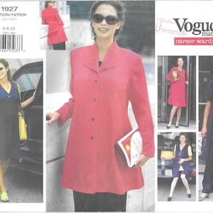 May include: Vogue maternity career wardrobe sewing pattern. The pattern includes a red coat, a navy blue dress, and a navy blue top with matching pants. The pattern size is 6-8-10.