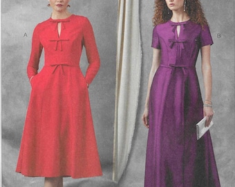 Vogue Pattern V2044 Fit and Flare Lined Dresses, Princess Seams, Bias Cut Bow Trim, Sleeve and Hem Length Variations Misses' Sizes