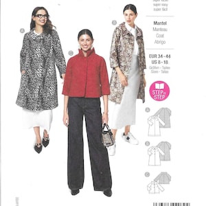 May include: A Burda Easy 5688 sewing pattern envelope featuring three coat variations: a long leopard print coat, a long floral print coat, and a short red jacket. The packaging includes technical line drawings, size range US 8-18, and text.