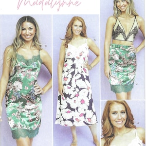 May include: A sewing pattern for a slip dress with a floral print. The pattern is from Simplicity and is called Madalynne. The pattern includes instructions for making a slip dress, a skirt, and a bra.