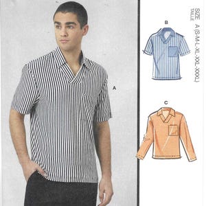 May include: McCall's sewing pattern M8589 features a short-sleeved shirt with a V-neck and pocket, shown in black and white stripes. The pattern includes multiple view options and is designed and printed in the USA.