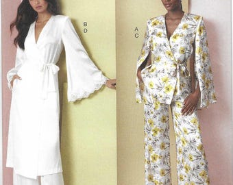 Vogue Pattern V2020 Wrap Front Top or Robe Has Flared Sleeves & Tie Belt, Wide Leg Pleated Pants Have Front Fly Zip