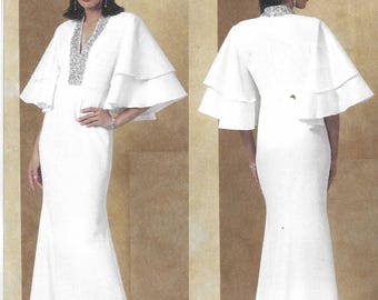 Vogue Pattern V2066 Badgley Mischka Close Fitting Lined Dress w/ Deep V Neckline, Beaded Trim Band, Bell Sleeves, Mermaid Hem Misses' Sizes