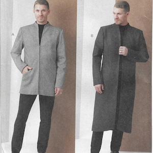 May include: Vogue Patterns sewing pattern V2141. The image shows two men modeling different coat designs. The pattern includes sizes AA (34-36-38-40-42). The text "VOGUE PATTERNS" is at the top. The pattern is designed and printed in the USA.