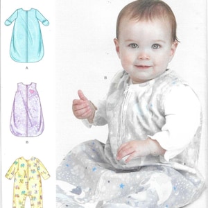 May include: Simplicity pattern S9242 for infant sleepwear. The package displays three variations: a solid light blue long-sleeve sleep sack, a sleeveless purple sleep sack with a heart, and a yellow long-sleeve footed sleeper with animal prints.