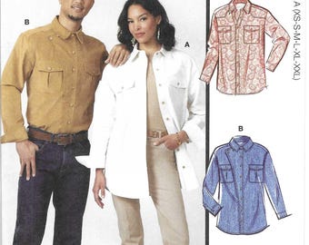 McCall's Pattern 8615 Button Front Shirts Have Collar, Yokes, Patch Pockets, and Long Sleeves with Cuffs  Sizes for Him or Her XS - XXL