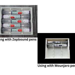 May include: Two images showing white trays with medication pens. One tray contains five pens labeled "Zepbound", the other contains two pens labeled "Mounjaro". The text "Using with Zepbound pens" and "Using with Mounjaro pens" is below each image.