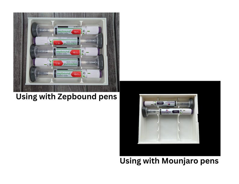 May include: Two images showing white trays with medication pens. One tray contains five pens labeled "Zepbound", the other contains two pens labeled "Mounjaro". The text "Using with Zepbound pens" and "Using with Mounjaro pens" is below each image.