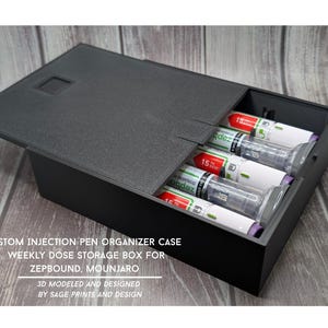 May include: Black injection pen organizer case with a hinged lid, holding several pre-filled injection pens. The case is designed for weekly dose storage. Text on the case reads: CUSTOM INJECTION PEN ORGANIZER CASE, ZEPBOUND, MOUNJARO.