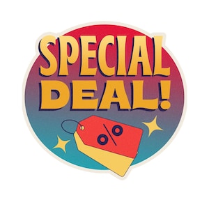 May include: A retro-style graphic with the words "SPECIAL DEAL!" in yellow, outlined in blue, set against a red and blue gradient background. A red and yellow price tag with a percentage symbol and starbursts complete the design.