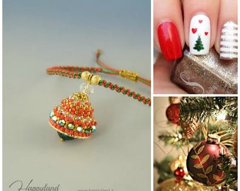 May include: A handmade Christmas-themed bracelet with a red and green cord. The focal point is a bell-shaped charm adorned with red and gold beads, and a clear crystal. The image also includes a close-up of Christmas tree ornaments and festive nail art.
