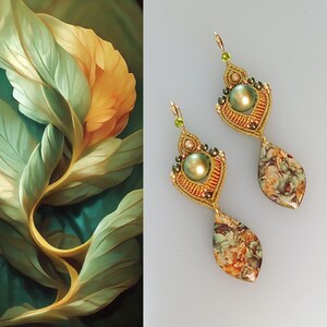 May include: A pair of ornate gold-toned earrings. Each earring features a central green pearl, surrounded by intricate gold wirework and small gemstones. The teardrop-shaped pendants display a floral pattern in muted tones of green, orange, and brown.