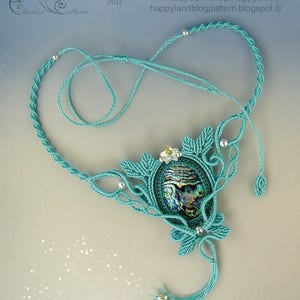 May include: A turquoise blue macrame necklace with a large abalone shell pendant and silver beads. The necklace has a tassel at the bottom.
