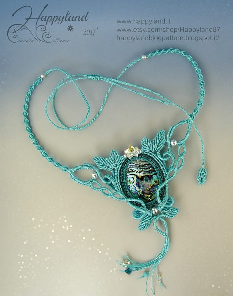 May include: A turquoise blue macrame necklace with a large abalone shell pendant and silver beads. The necklace has a tassel at the bottom.