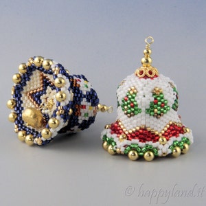 May include: Two beaded Christmas ornaments in the shape of bells. One bell is white with green and red accents and the other is blue with white, gold, and red accents.