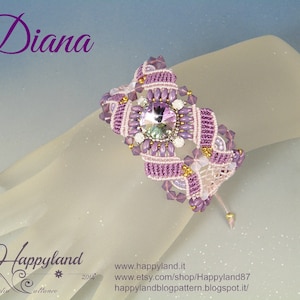May include: A purple and pink beaded bracelet with a large iridescent crystal in the center. The bracelet is made with a knotting technique and has a delicate, feminine design. The bracelet is called "Diana" and is by Happyland.