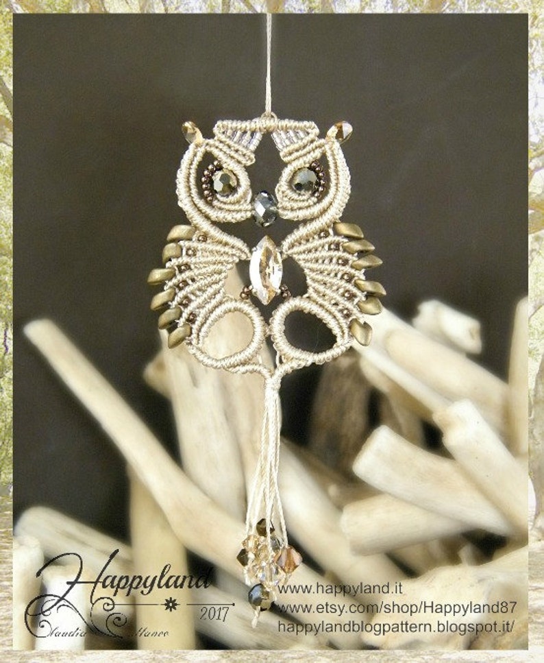 Glaux the Owl , macramè pendant, kit for TWO pendant and tutorial step by step image 1