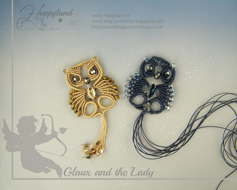 Glaux the Owl , macramè pendant, kit for TWO pendant and tutorial step by step image 2