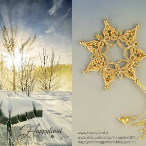 May include: A gold snowflake ornament with a beaded tassel. The snowflake is made of knotted cord and has a delicate, intricate design.