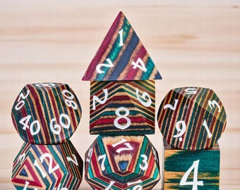 Wooden DnD Dice Set, 7-Piece Polyhedral RPG Dice, Colorful Handcrafted Tabletop Gaming Dice, D&D Accessories, Unique Wooden Gaming Dice