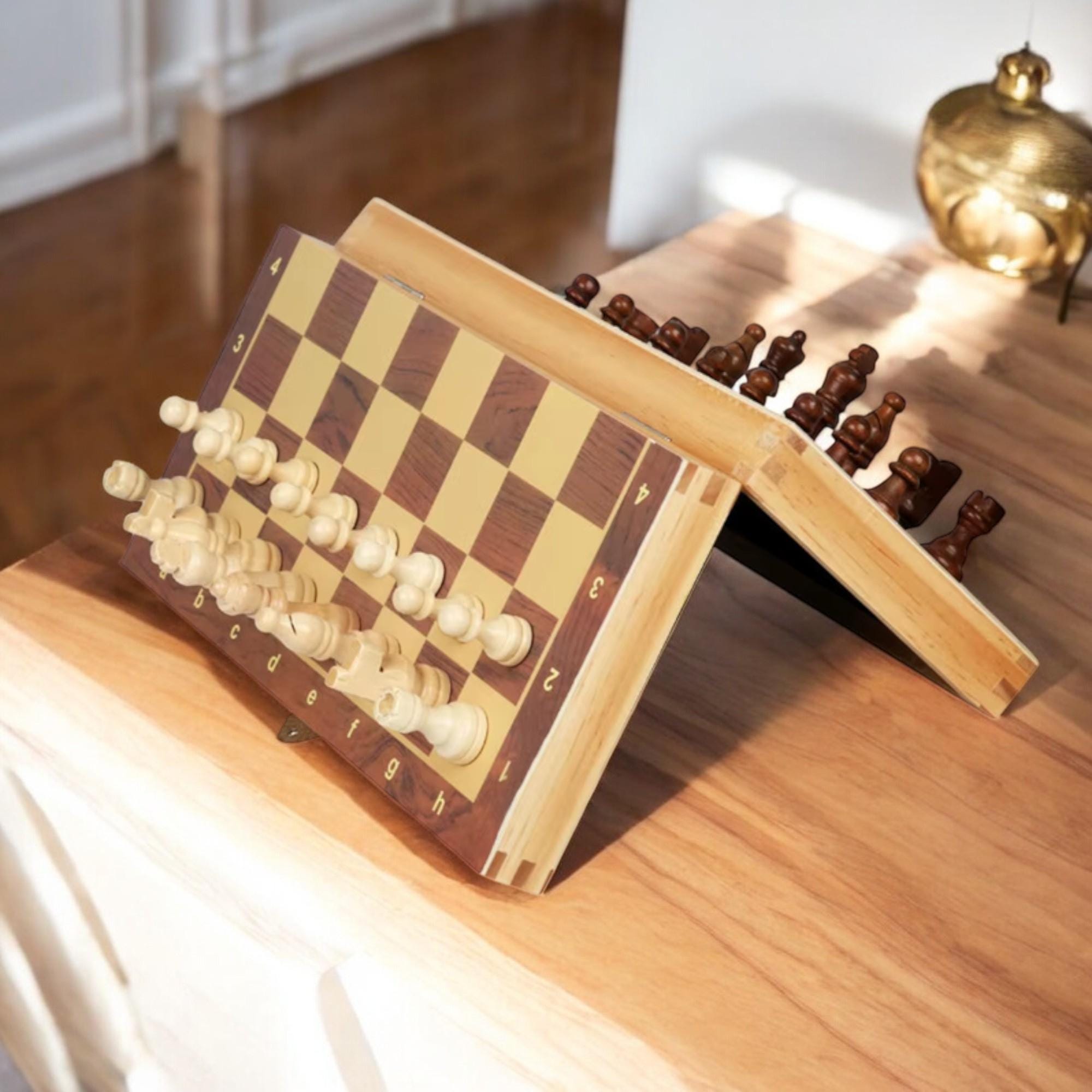 2-in-1 Magnetic Wooden Chess & Checkers Set – Foldable Board For Home & Travel