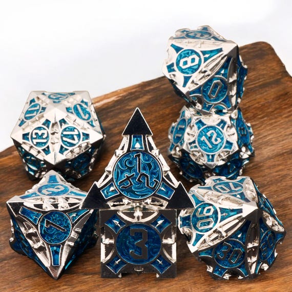 Engraved Metal Dice Set, Heavyweight Polyhedral DnD RPG Gaming Gear, Sharp Edged Fantasy Dice for Dungeons & Dragons, Pathfinder and TTRPGs