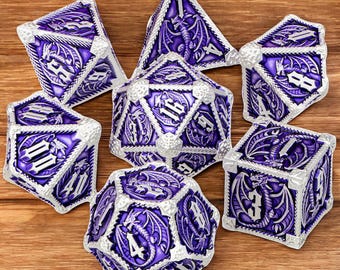 Metal DnD Dice Set, Purple Dragon Polyhedral RPG Dice, High-Quality Solid Metal, D20 D12 D10 D8 D6 D4, Tabletop Gaming, Gift for Gamers