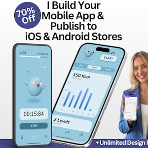 May include: Two smartphones displaying a mobile app interface with light blue backgrounds, a cartoon character, and data charts. Text reads: 70% Off, I Build Your Mobile App & Publish to iOS & Android Stores, and + Unlimited Design Revisions.