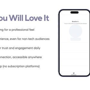Puede incluir: Un tel&eacute;fono inteligente muestra una interfaz de aplicaci&oacute;n con el texto "Breathe in." La imagen enumera beneficios: marca personalizada, experiencia de usuario f&aacute;cil, confianza del cliente, conexi&oacute;n m&oacute;vil y una aplicaci&oacute;n de propiedad total. El logotipo de AI Growth Strategies est&aacute; en la parte inferior derecha.