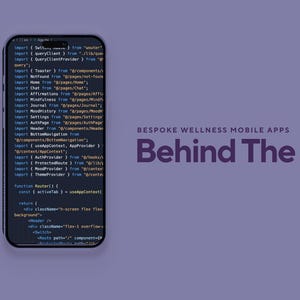 Puede incluir: Un tel&eacute;fono inteligente muestra c&oacute;digo, con el texto "Behind The Scenes" y "Bespoke Wellness Mobile Apps." La imagen tambi&eacute;n incluye el logotipo "AI Growth Strategies" y texto que describe el proceso de desarrollo de aplicaciones.