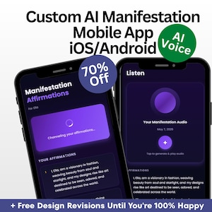 May include: Two smartphones displaying a dark-themed mobile app interface with purple accents. The screens show text titled Manifestation Affirmations and Listen, featuring a circular audio icon, loading indicators, and text blocks.