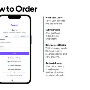 Puede incluir: Una pantalla de tel&eacute;fono inteligente muestra una p&aacute;gina de inicio de sesi&oacute;n de "Serene" con campos para nombre de usuario y contrase&ntilde;a, y opciones para continuar con Google, Facebook, Twitter o Github. El texto "How to Order" es visible.
