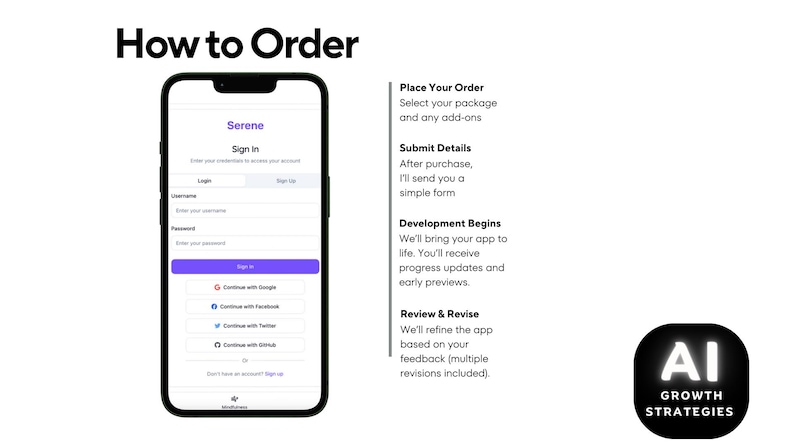 Puede incluir: Una pantalla de tel&eacute;fono inteligente muestra una p&aacute;gina de inicio de sesi&oacute;n de "Serene" con campos para nombre de usuario y contrase&ntilde;a, y opciones para continuar con Google, Facebook, Twitter o Github. El texto "How to Order" es visible.