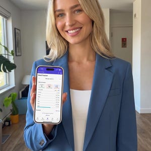 Puede incluir: Un tel&eacute;fono inteligente que muestra una aplicaci&oacute;n de seguimiento de comidas con interfaz blanca, encabezado morado y texto que dice Meal Tracker, Monday April 14, Daily Summary, Calories, Macros y consumo de agua de 1,2L, sostenido con un blazer azul.