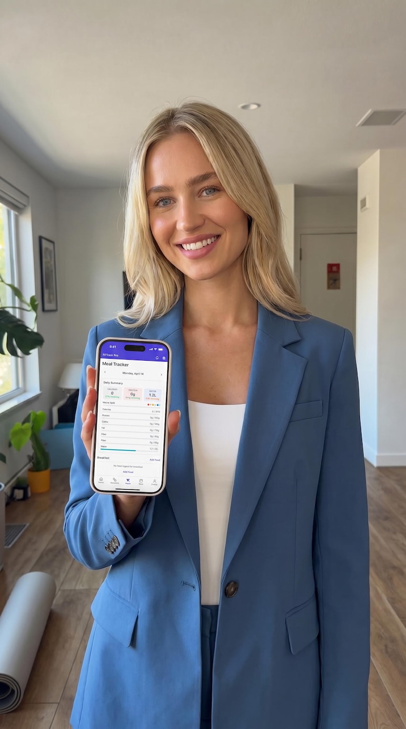Puede incluir: Un tel&eacute;fono inteligente que muestra una aplicaci&oacute;n de seguimiento de comidas con interfaz blanca, encabezado morado y texto que dice Meal Tracker, Monday April 14, Daily Summary, Calories, Macros y consumo de agua de 1,2L, sostenido con un blazer azul.