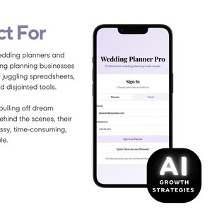 May include: A smartphone displays the "Wedding Planner Pro" app interface, featuring a sign-in screen with fields for email and password. The app logo is visible, along with the "AI Growth Strategies" logo. The background is white.