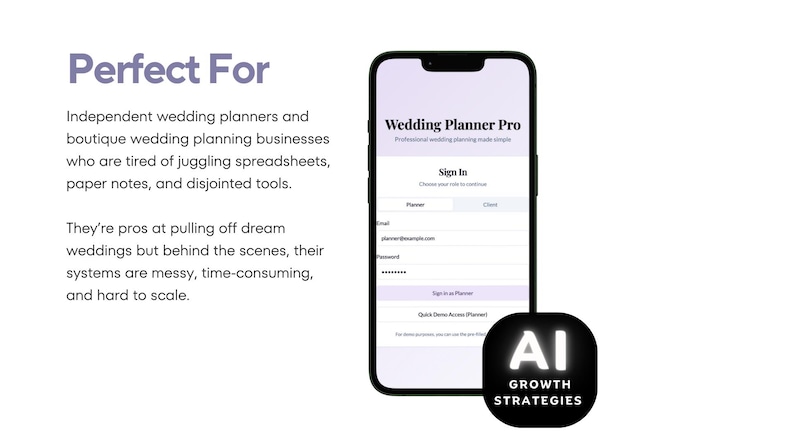 May include: A smartphone displays the "Wedding Planner Pro" app interface, featuring a sign-in screen with fields for email and password. The app logo is visible, along with the "AI Growth Strategies" logo. The background is white.