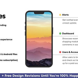 Puede incluir: Un tel&eacute;fono inteligente muestra un paisaje de atardecer. La imagen destaca las caracter&iacute;sticas de la aplicaci&oacute;n: dise&ntilde;o personalizado, experiencia de usuario y archivos listos para cargar. El texto incluye "Caracter&iacute;sticas", "Alertas", "Panel" y "Usuarios y cuentas".