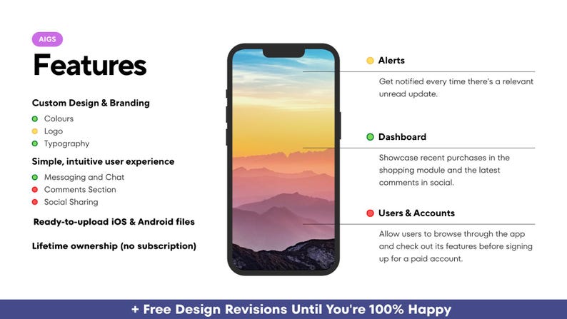 Puede incluir: Un tel&eacute;fono inteligente muestra un paisaje de atardecer. La imagen destaca las caracter&iacute;sticas de la aplicaci&oacute;n: dise&ntilde;o personalizado, experiencia de usuario y archivos listos para cargar. El texto incluye "Caracter&iacute;sticas", "Alertas", "Panel" y "Usuarios y cuentas".