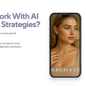Puede incluir: Imagen promocional con el texto "&iquest;Por qu&eacute; trabajar con estrategias de crecimiento de IA?" y un smartphone que muestra a una mujer. La pantalla del tel&eacute;fono muestra a una mujer con joyas. El texto de la derecha enumera los servicios: Servicio personalizado.