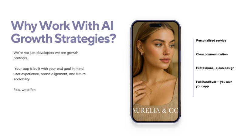 Puede incluir: Imagen promocional con el texto "&iquest;Por qu&eacute; trabajar con estrategias de crecimiento de IA?" y un smartphone que muestra a una mujer. La pantalla del tel&eacute;fono muestra a una mujer con joyas. El texto de la derecha enumera los servicios: Servicio personalizado.